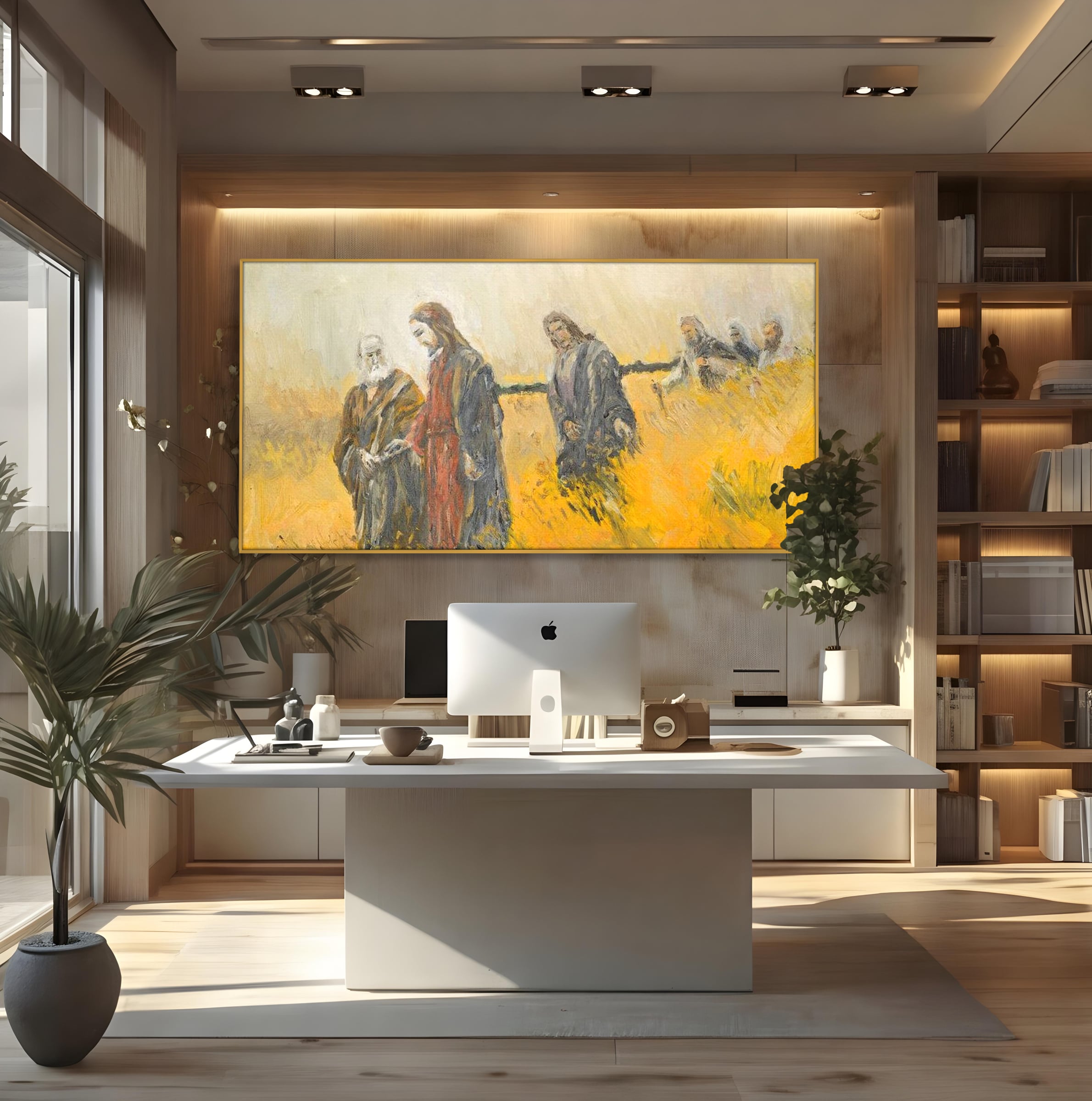 Tablou canvas cu tablou canvas cu isus si apostolii pe drum, in rama de aluminiu auriu, pe perete intr-un birou